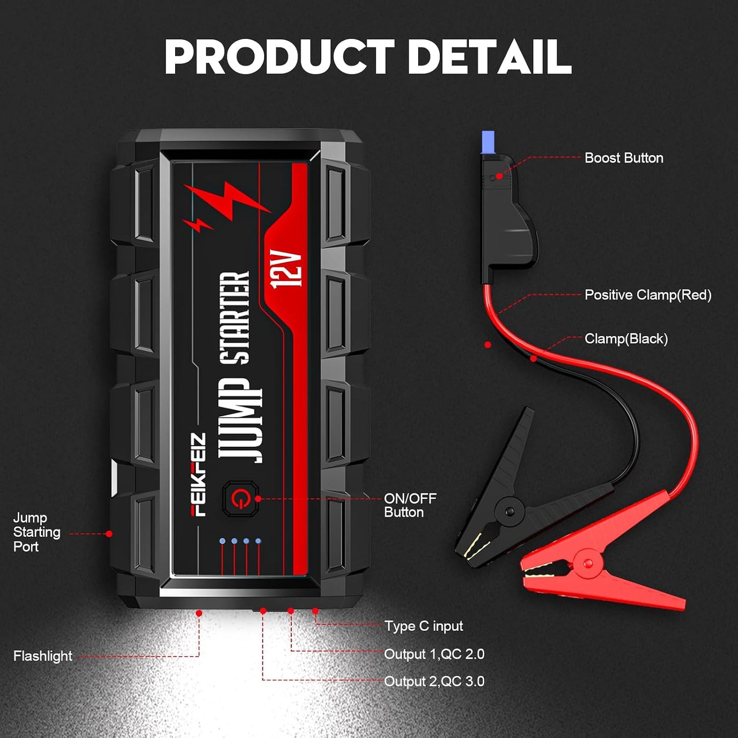 FEIKFEIZ Car Jump Starter 6000A Peak 26800mAh 12V Super Safe Jump Starter(Up to All Gas, 10.0L Diesel Engine), with USB Quick Charge 3.0