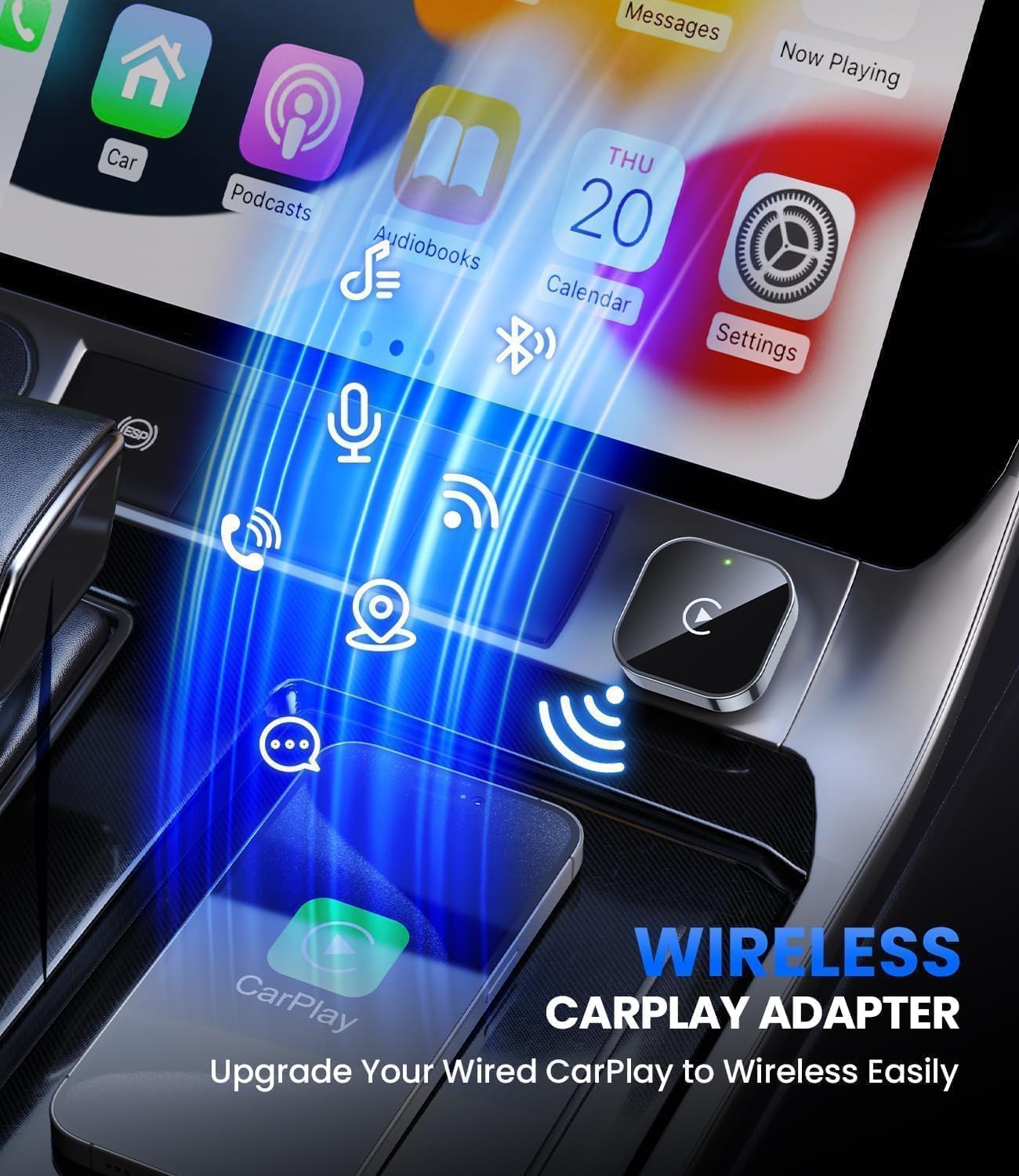 محول كاربلاي لاسلكي صغير، تصميم USB صغير، مناسب للسيارات، التوصيل والتشغيل، سهل الاستخدام، اتصال سريع ومستقر، متوافق مع ايفون/اندرويد