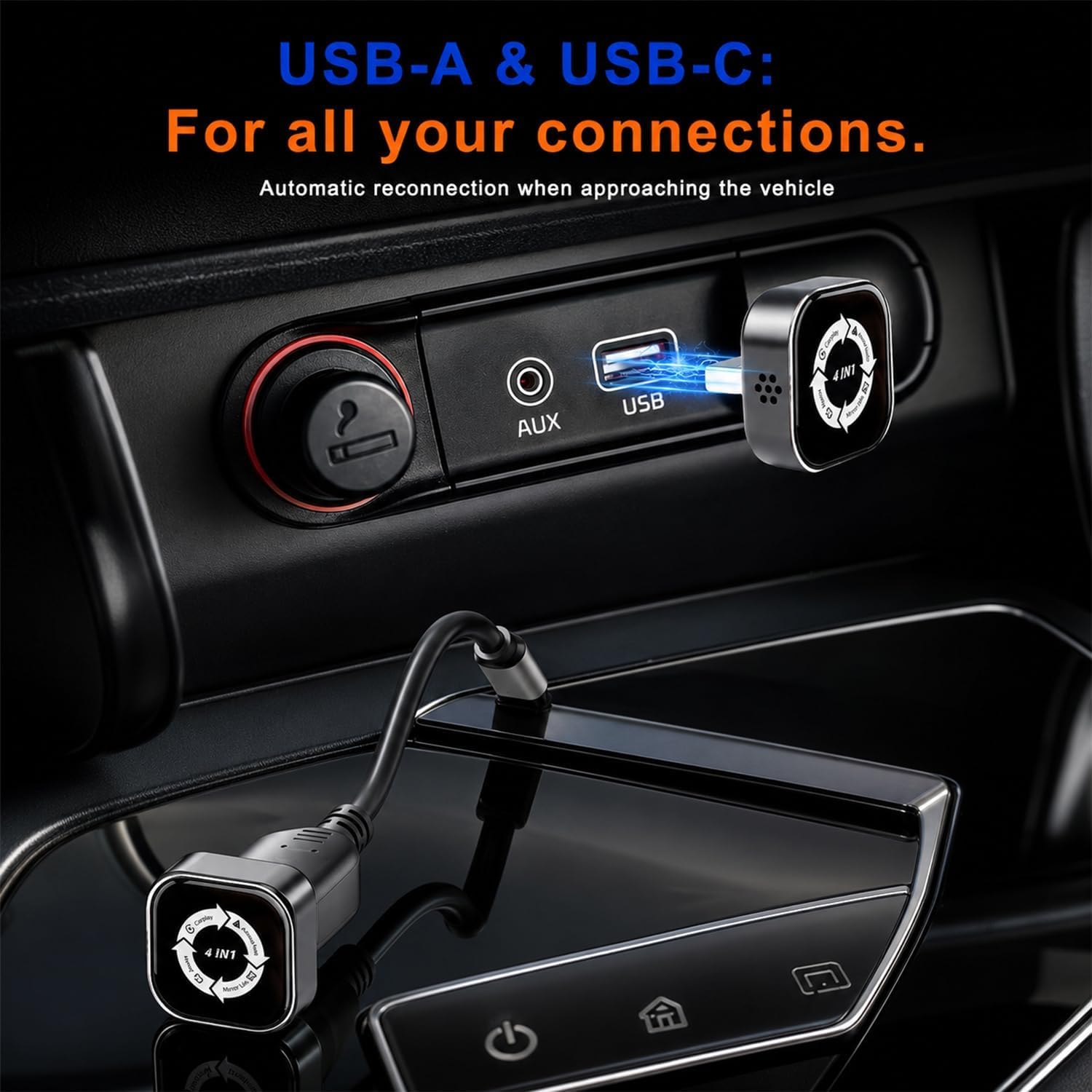 4 in 1 Wireless CarPlay Adapter, For Factory Wired CarPlay Cars, 5.8Ghz Stable, Screen Mirroring, Android Auto, Bluetooth Calling, Universal for iPhone Android (black white)