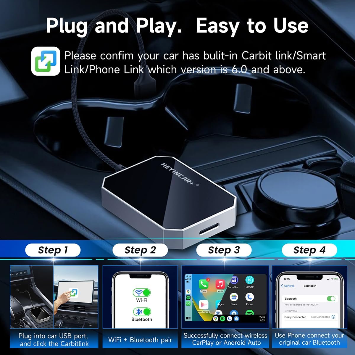 HEYINCAR+ Carbitlink to CarPlay Android Auto Adapter, Convert Carbitlink/Easy Connect to CarPlay & Android Auto, For Chinese Car Jetour,Geely,Dongfeng,Hongqi,BAIC,GAC,FAW Bestune– Plug & Play