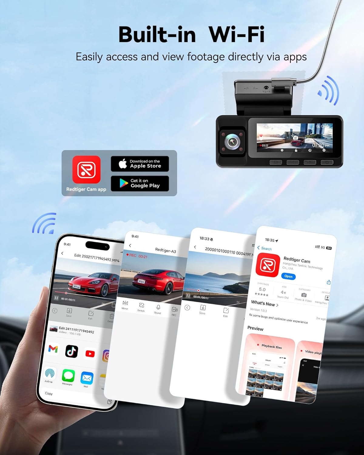 REDTIGER A3 3 Channel Dash Cam Front Rear, 1440P+1080P+1080P Dash Camera, Support Arabic language, Included 32GB Card, 24H Parking Mode, 3.18''Screen Car Camera, WiFi, IR Night Vision, Loop Recording