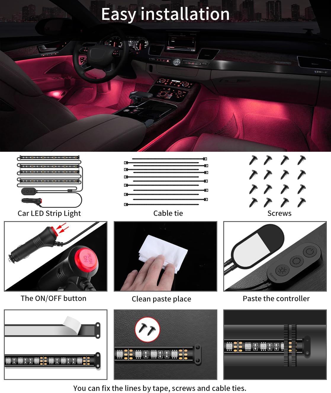 مصابيح سيارة LED من جوفي، مصابيح داخلية ذكية للسيارة مع نظام تحكم عبر تطبيق، مصابيح RGB داخل السيارة بوضع يدوي ووضع موسيقى بتصميم خطين، 4 * 0.72 قدم شرائط إضاءة للسيارات مع شاحن سيارة، 12 فولت