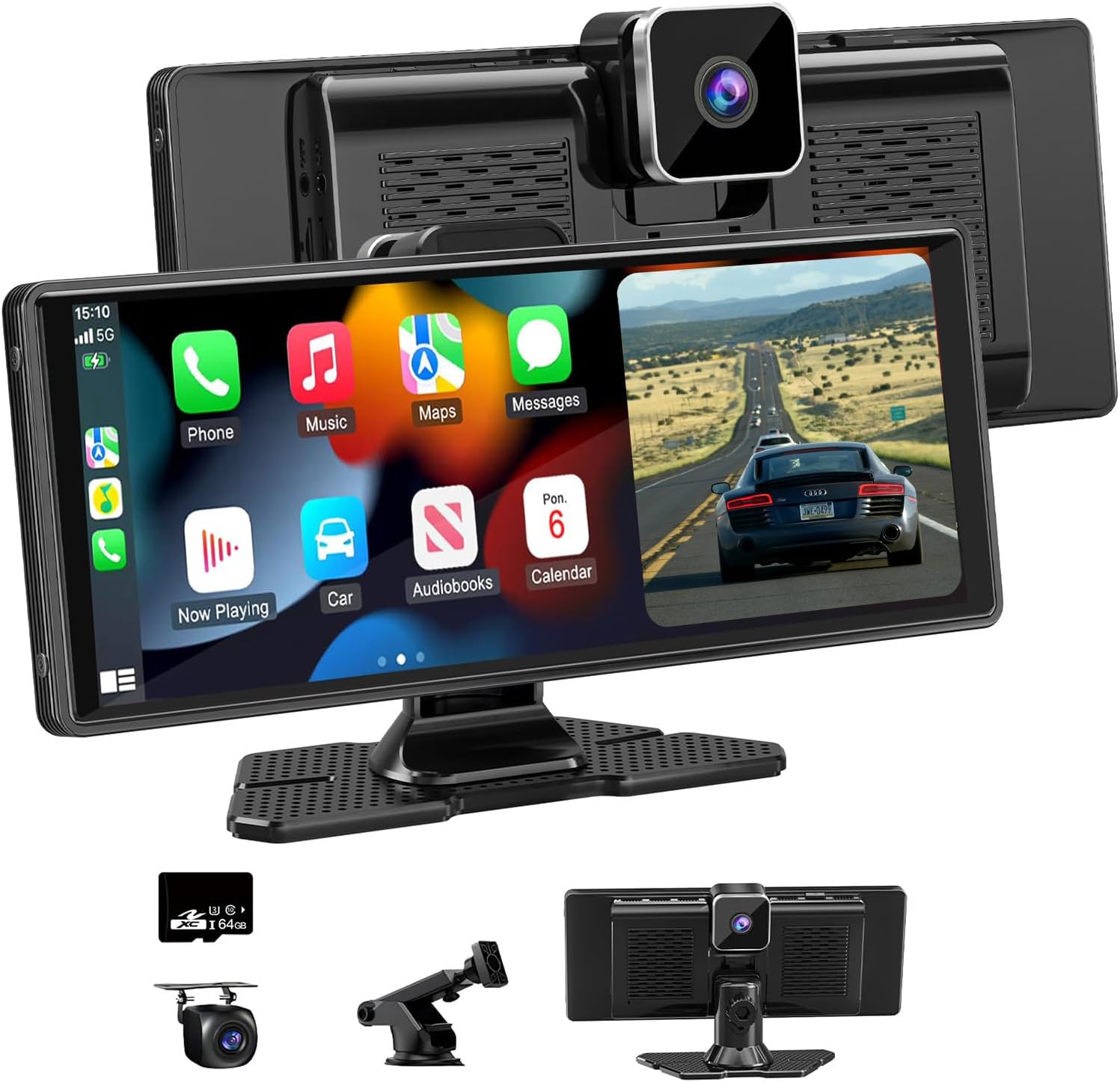 شاشة كاربلاي للسيارة، 10.26 بوصة HD IPS لاسلكي محمول ستيريو السيارة لنظام ابل كاربلاي ونظام اندرويد اوتو، مستقبل صوت السيارة مع كاميرا لوحة القيادة 4K/كاميرا خلفية 1080P، نظام تحديد المواقع، وصلة