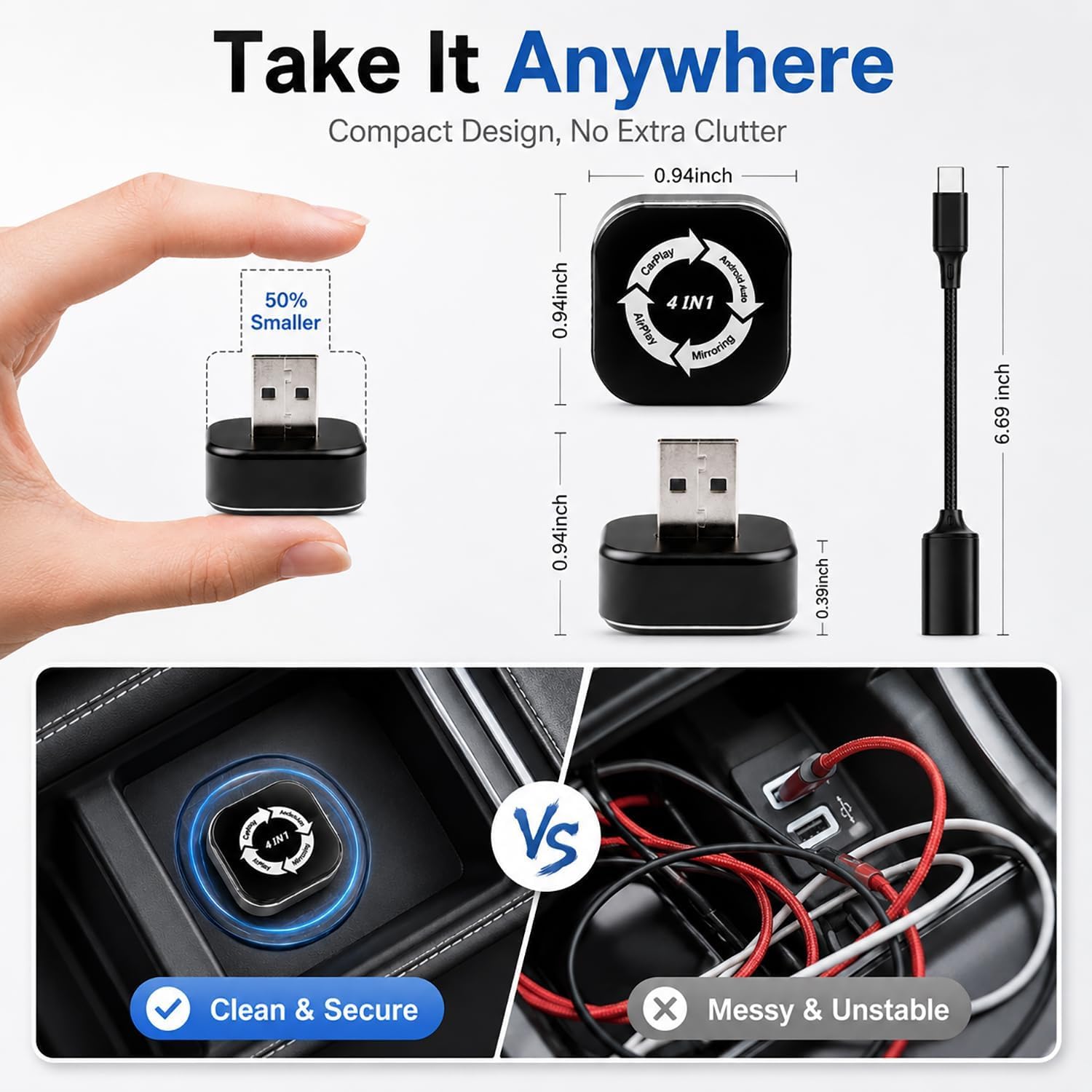 4 in 1 Wireless CarPlay Adapter, For Factory Wired CarPlay Cars, 5.8Ghz Stable, Screen Mirroring, Android Auto, Bluetooth Calling, Universal for iPhone Android (black white)