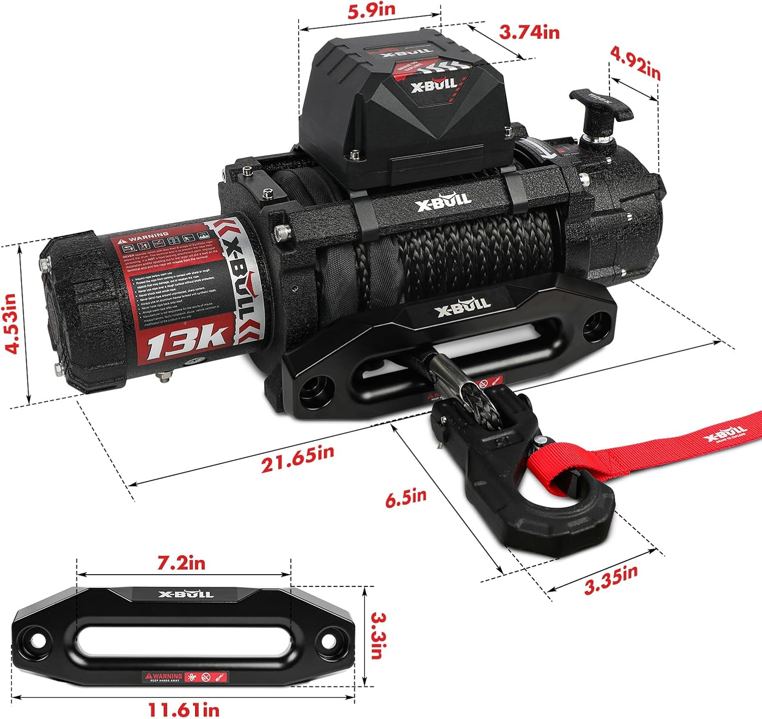 X-BULL Electric Winch 13000 lb. Load Capacity with 79ft Synthetic Rope and Hawse Fairlead 12V IP68 Waterproof, Wired and Wireless Remote for 4WD 4x4 Off-Road Vehicle Truck Jeep