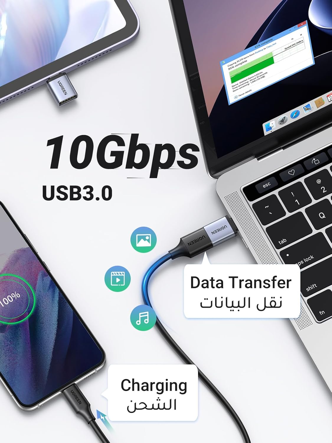يوجرين محول USB إلى USB C (قطعتان) 10 جيجابت في الثانية لنقل النوع C إلى محول OTG 3.0 متوافق مع سلسلة Samsung S24 Ultra، iPhone 15 16 Pro Max، iPad، MacBook، الأجهزة اللوحية، سماعات الأذن