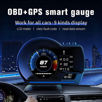 TERRIFI Car HUD Head Up Display P6, OBD Gauge Display+GPS Speedometer Dual System Smart Gauge Display, speed alarm, water temperature alarm, Works Great for Most Cars