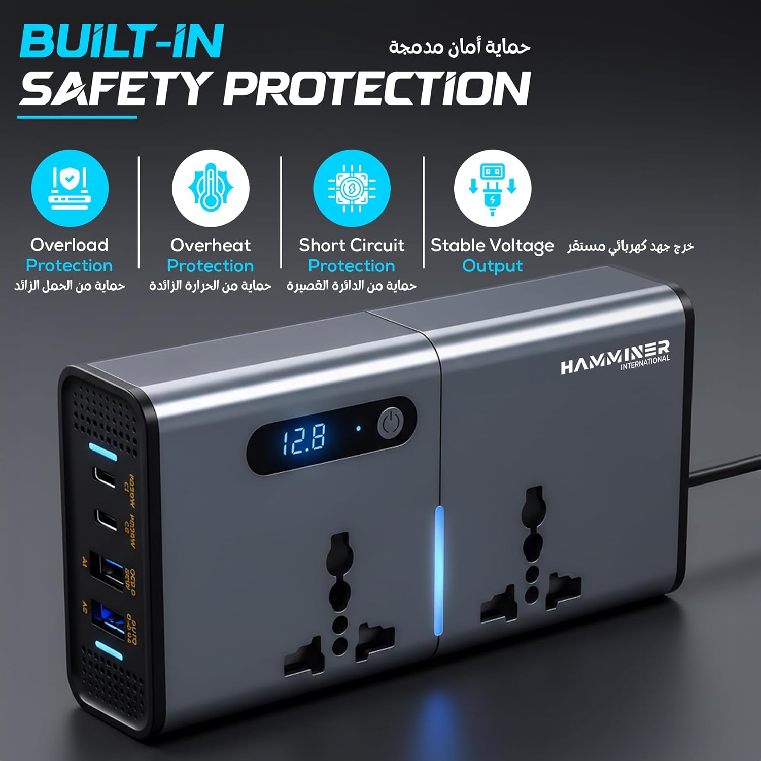 محول طاقة للسيارة 200 واط من هامنر، محول تيار مستمر 12 فولت الى 220 فولت تيار متردد 2 منفذ USB 2 منفذ نوع C، محول قابس السيارة مع مفتاح وشاشة LED تيارية، مناسب للسيارات وسيارات الدفع الرباعي والشاحنات