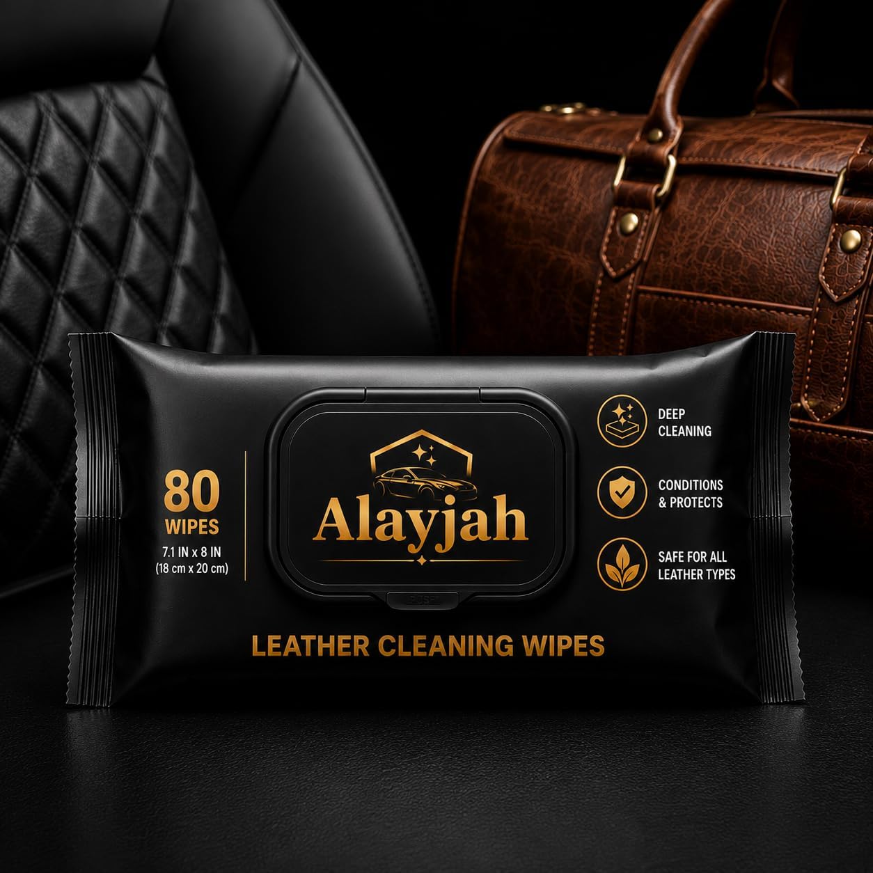 Premium Leather Cleaning Wipes, 80 Sheets, Keep It Clean and Healthy, Easy to Use, Dashboard and Seat Cleaning, Quick Dry, Protect from Crack and Damage, for Car Shoes Furniture 10200010
