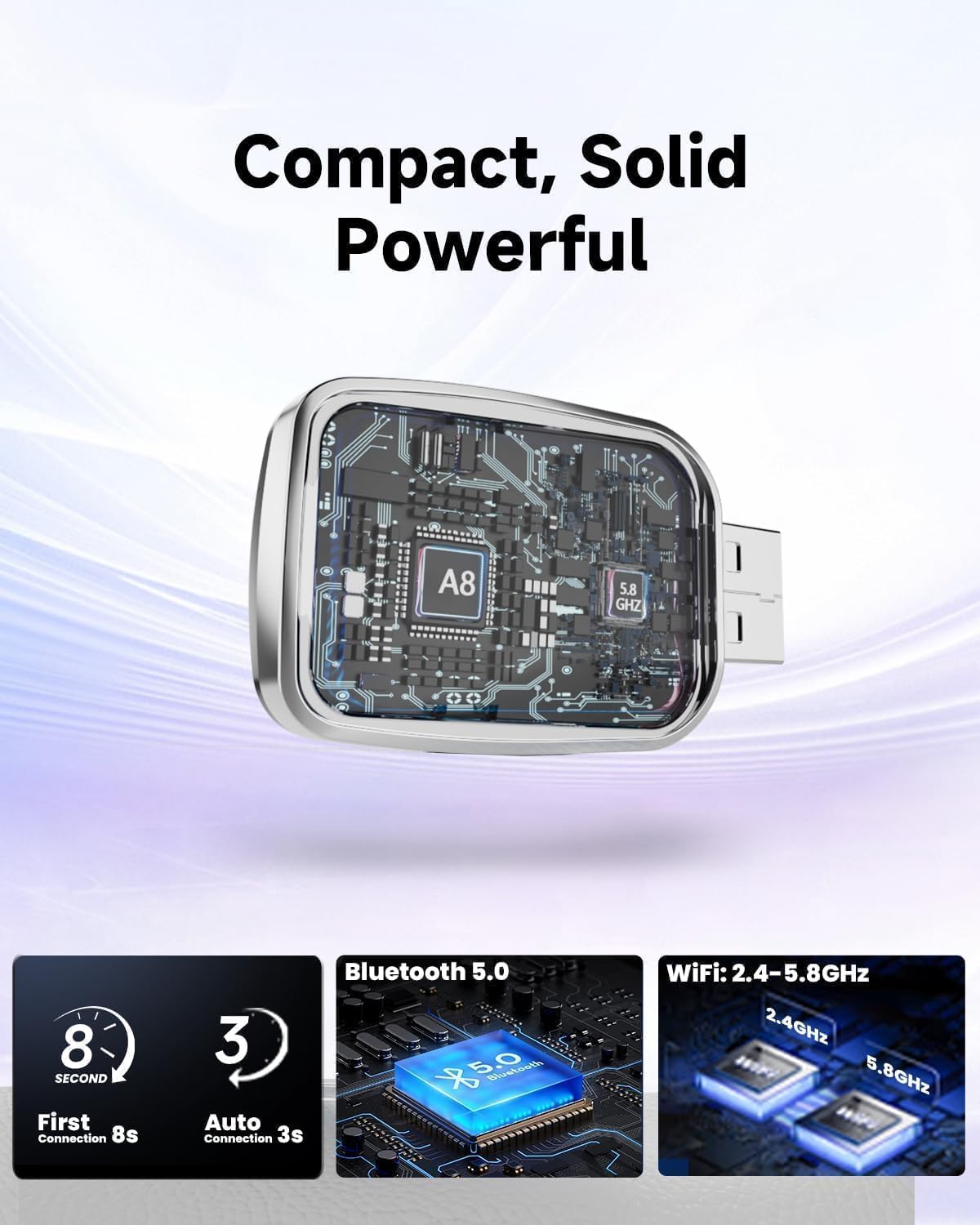 محول كاربلاي لاسلكي صغير لايفون 2025 مطور بخاصية التوصيل والتشغيل، بدون زمن انتقال، يدعم USB A/C، متوافق مع iOS 10+ والسيارات 2016+