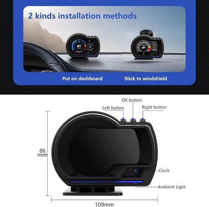 TERRIFI Car HUD Head Up Display P6, OBD Gauge Display+GPS Speedometer Dual System Smart Gauge Display, speed alarm, water temperature alarm, Works Great for Most Cars