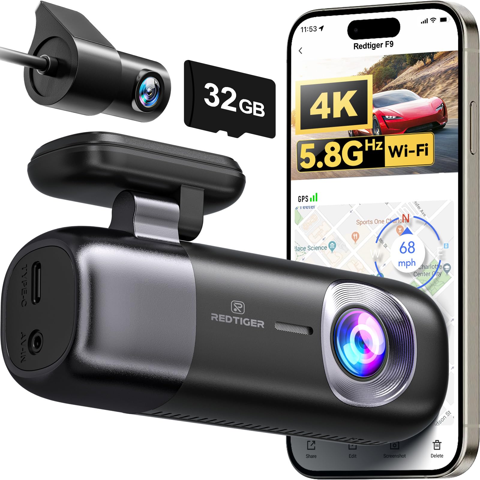 REDTIGER F9 Dash Cam 4K Front and Rear 1080P with Smart App Control,Dual Dash Cam for Cars with 32GB SD Card,GPS,Built-in WiFi,Night Vision,Parking Monitor,Loop Support 256GB Max
