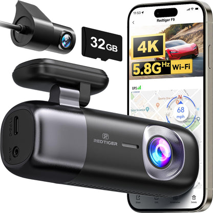 REDTIGER F9 Dash Cam 4K Front and Rear 1080P with Smart App Control,Dual Dash Cam for Cars with 32GB SD Card,GPS,Built-in WiFi,Night Vision,Parking Monitor,Loop Support 256GB Max