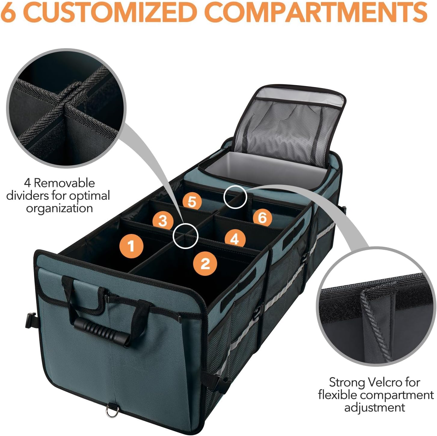 Trunk Organizer With Built-in Leakproof Cooler Bag, 2 Tie-Down Straps, 4 Removable Dividers, Foldable Cover, Built with 2mm PE Board, Gray