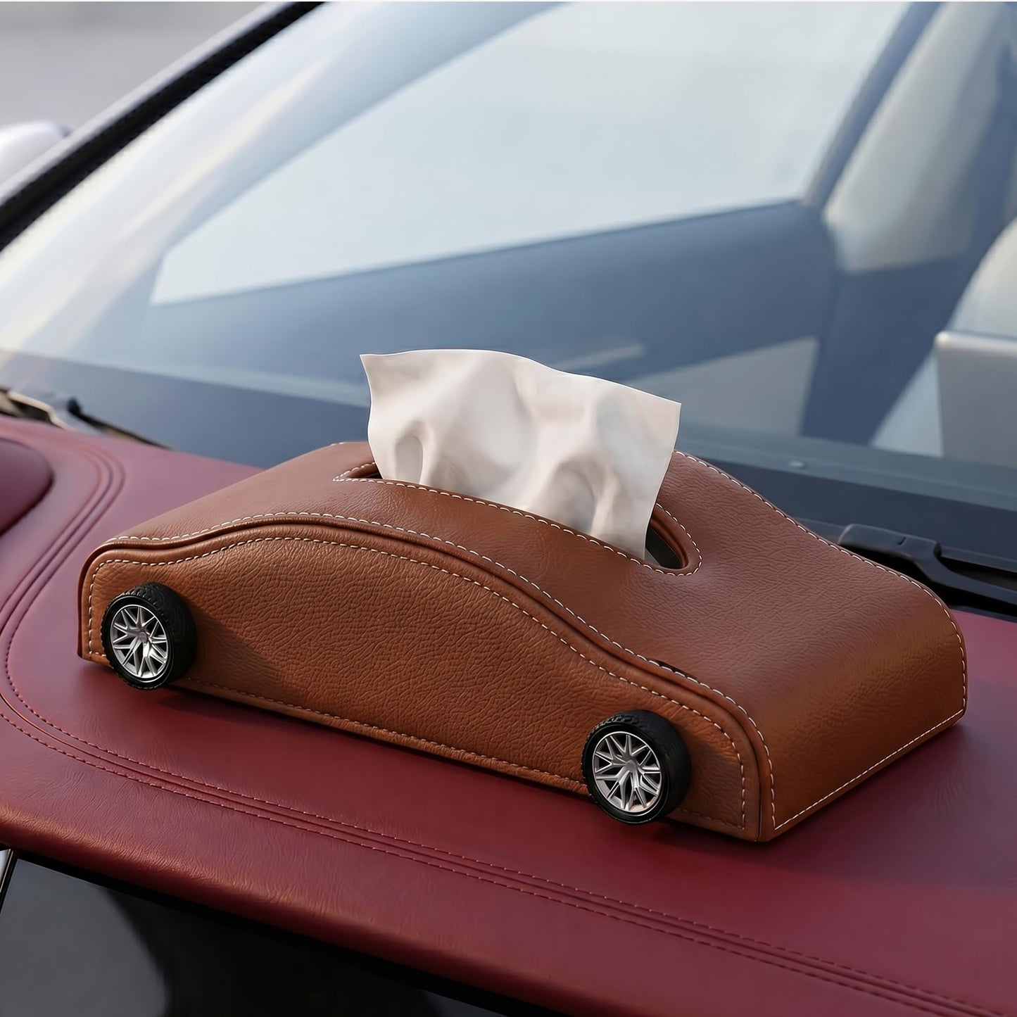 Car-Shaped Tissue Box Holder, PU Leather Tissue Case with Anti-Slip Base, Auto Interior Organizer Napkin Holder, Luxury Car Accessories for Dashboard (Black and beige)