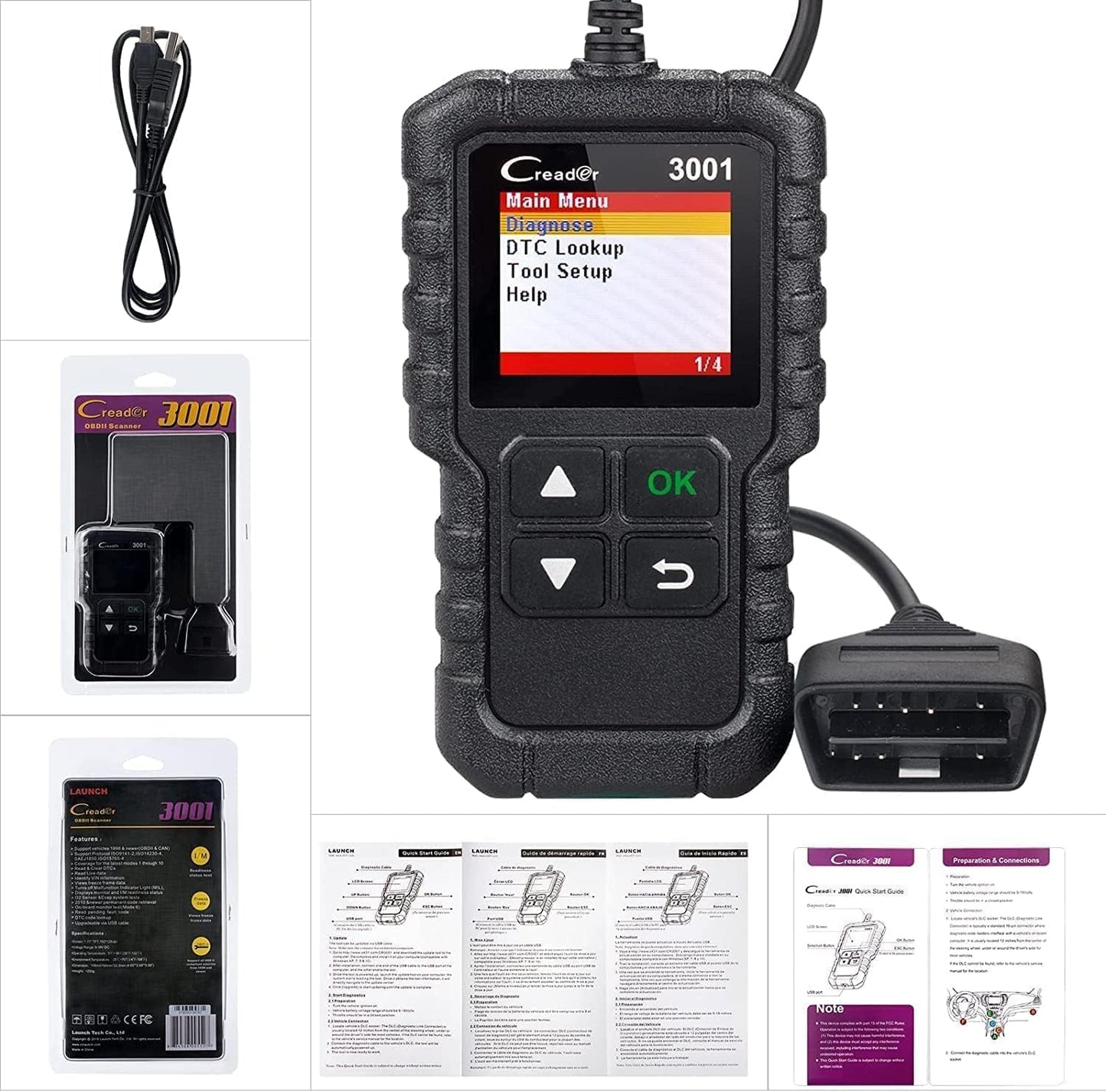 جهاز كشف أعطال السيارات لونش كريدر 3001 بنظام OBD2 لفحص أعطال لمبة فحص المحرك وحساس الأكسجين، أداة تشخيص السيارات لجميع بروتوكولات OBDII منذ 1996