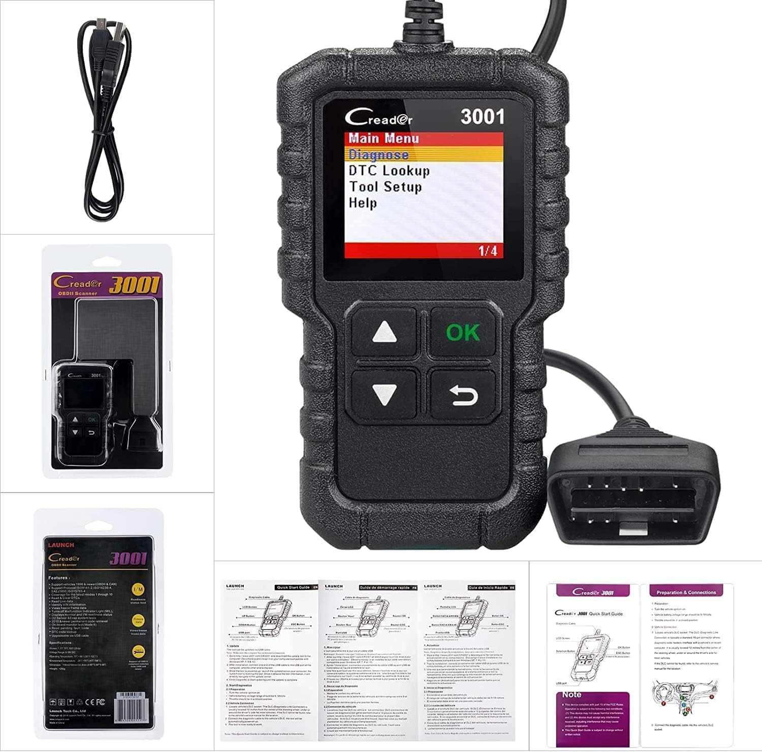 جهاز كشف أعطال السيارات لونش كريدر 3001 بنظام OBD2 لفحص أعطال لمبة فحص المحرك وحساس الأكسجين، أداة تشخيص السيارات لجميع بروتوكولات OBDII منذ 1996