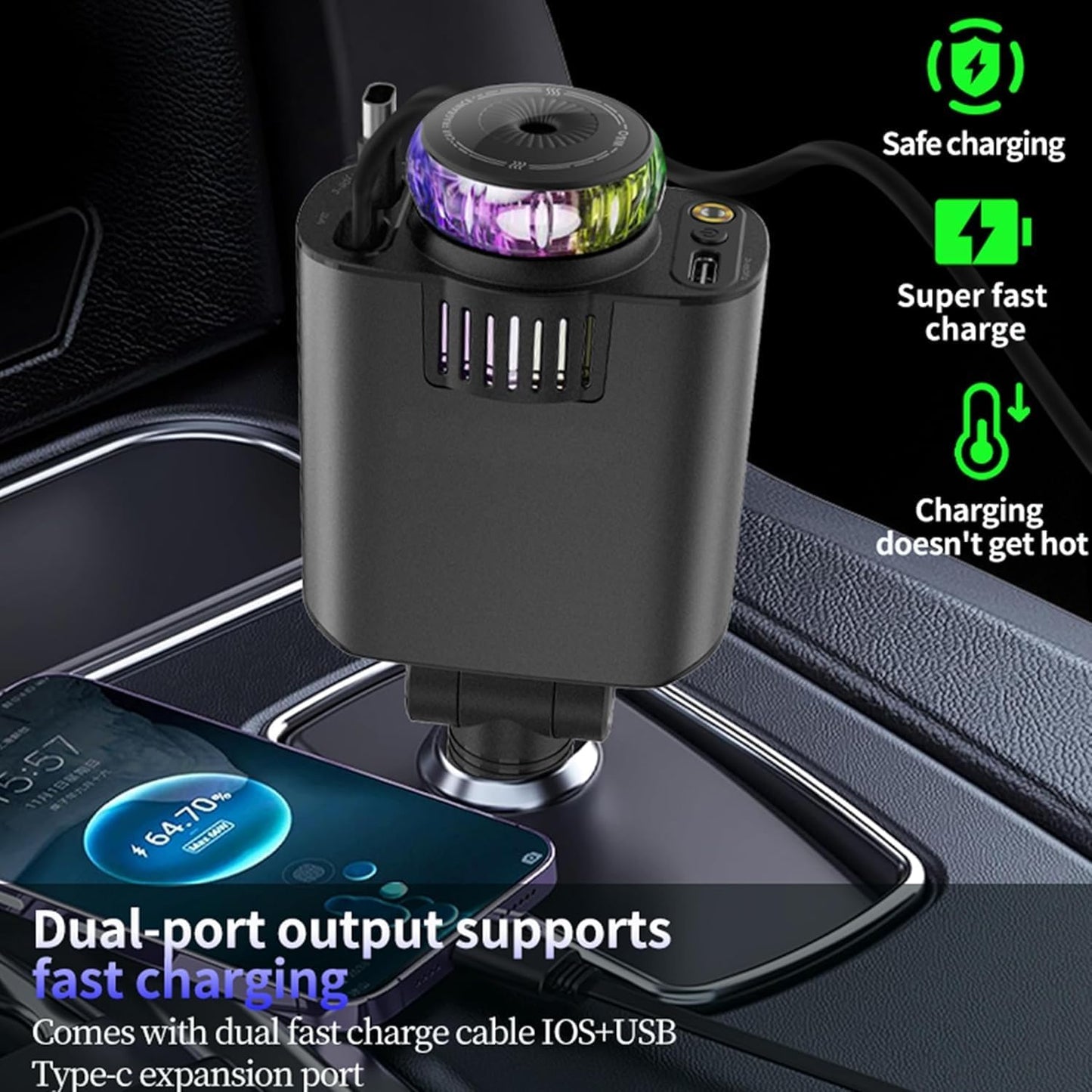 شاحن سيارة 5 في 1 برأس قابل للتعديل 180 درجة، كيبل شحن سريع قابل للسحب 80 سم USB-C وiOS، منفذ مزدوج 45 واط، معطر هواء مع ضوء LED على شكل نجمة، كيبل نوع C، شاحن سيارة سريع الشحن