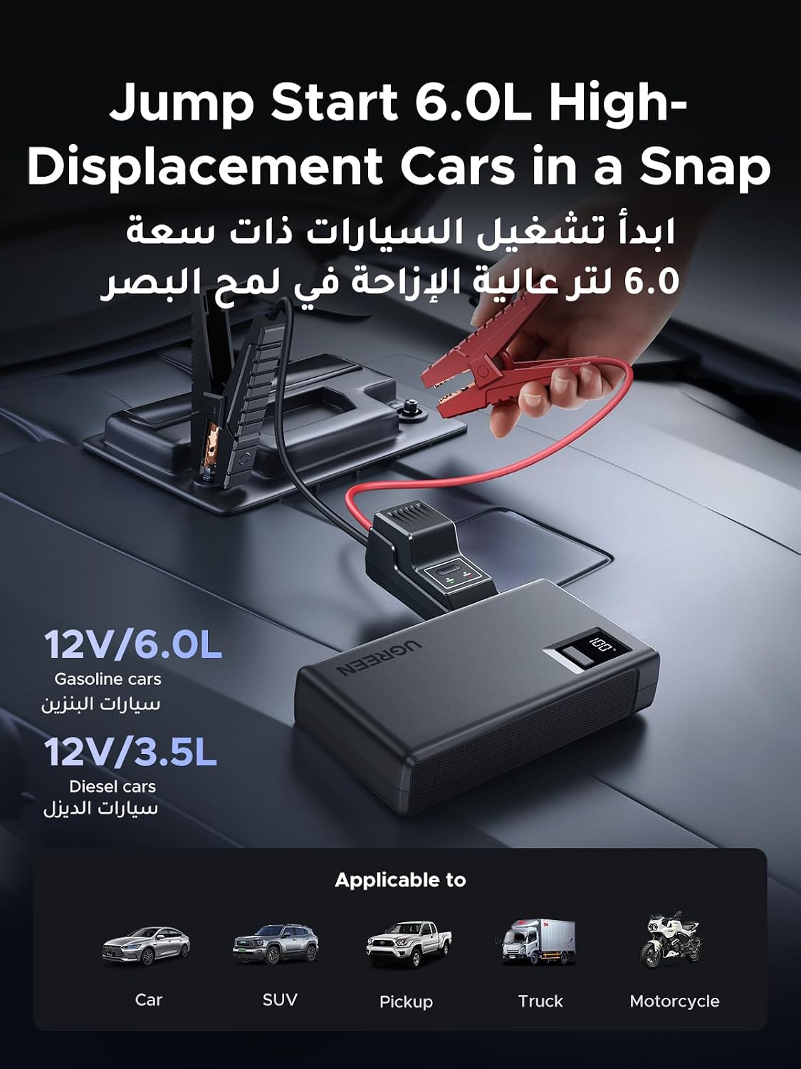 يوجرين 1000A باور بانك لسيارة القفز، 12000mAh المحمولة تعزيز البطارية مع كابلات القفز الذكية LED ضوء شاشة رقمية لمحركات البنزين 6.0 لتر 3.5 لتر الديزل والطوارئ