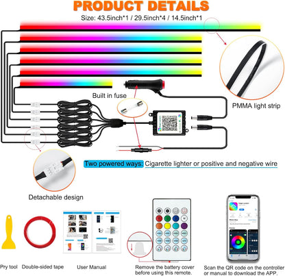اضواء شريط داخلي LED للسيارة من جوشوب، اضواء LED اكريليك للسيارة مع تقنية Dreamcolor الديناميكية، مجموعة اضاءة محيطة مع تحكم لاسلكي في التطبيق وجهاز تحكم عن بعد بالترددات الراديوية (6 في 1)