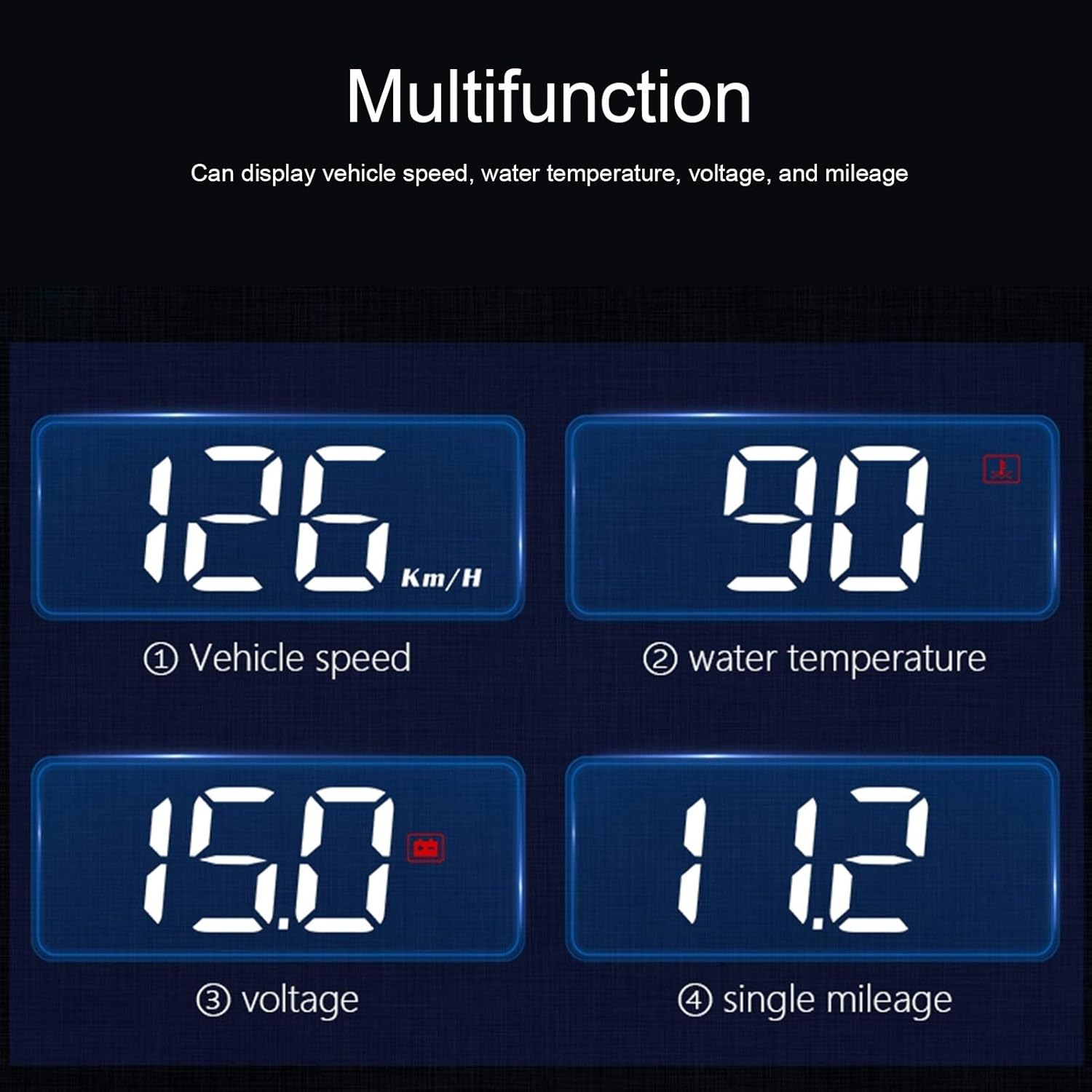 Car Speedometer, OBD2 HUD Windscreen Projector Multifunctional Display Alarm Fatigue Driving Reminder