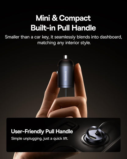 باسيوس 【منفذ واحد - كيبل ملفوف نوع C + 30 واط من النوع C】شاحن سيارة USB-C فائق السرعة بي دي وكيو سي 3.0 لايفون 15 وسامسونج وسلسلة وايباد وماك بوك اير والمزيد