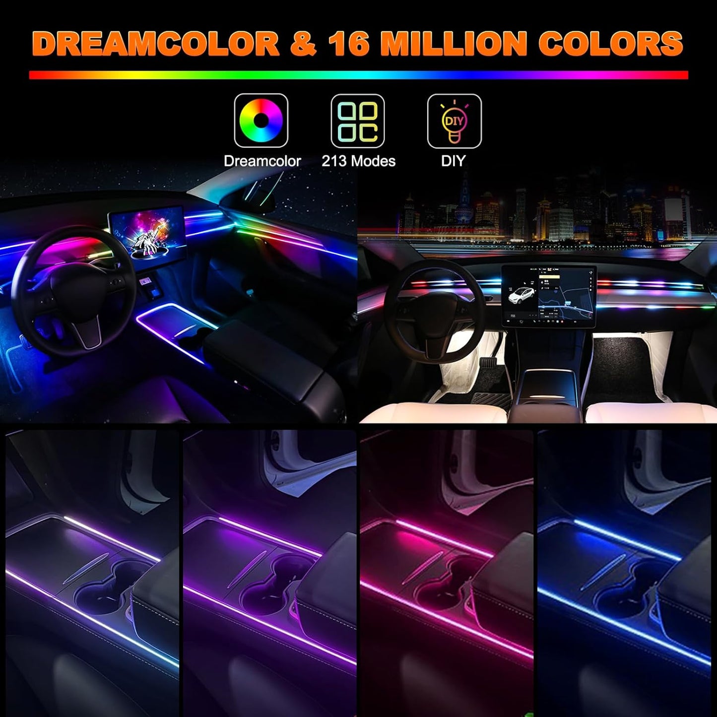 اضواء شريط داخلي LED للسيارة من جوشوب، اضواء LED اكريليك للسيارة مع تقنية Dreamcolor الديناميكية، مجموعة اضاءة محيطة مع تحكم لاسلكي في التطبيق وجهاز تحكم عن بعد بالترددات الراديوية (6 في 1)