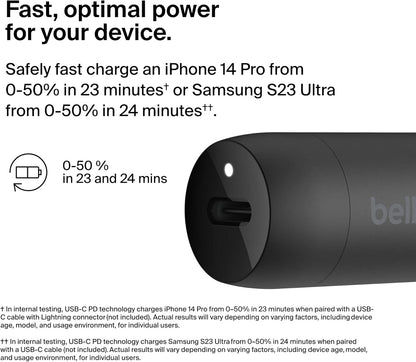 شاحن سيارة سريع Belkin BoostCharge 30W، تصميم صغير الحجم مع منفذ توصيل طاقة USB-C، شاحن سيارة USB متوافق عالميًا مع iPhone 16 و15 وSamsung Galaxy S23 وNote وPixel والمزيد - أسود