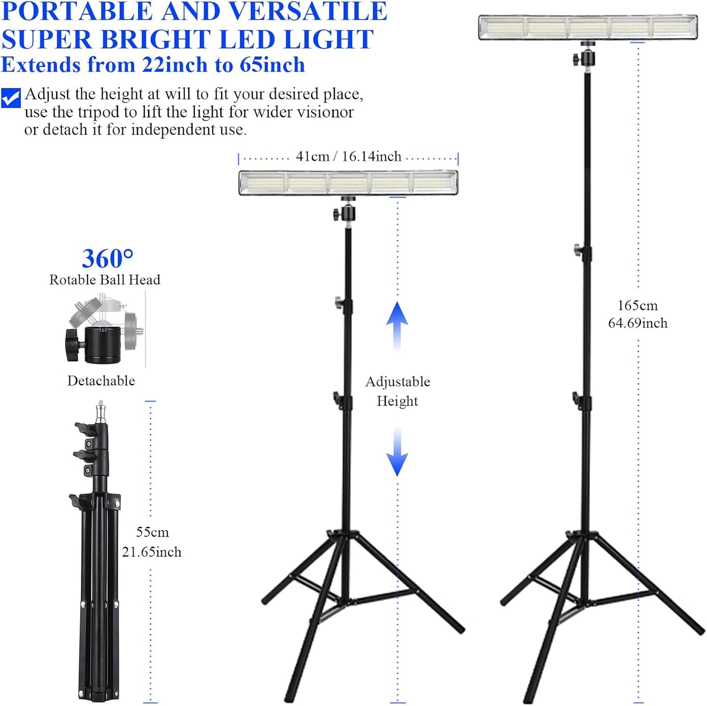 BOYKIM Camping Light, Portable Rechargeable Work Light with Detachable Tripod Stand,8000 Lumen Cordless Light Bar Flashlight for Outdoor Fishing Hiking Adventure Emergency
