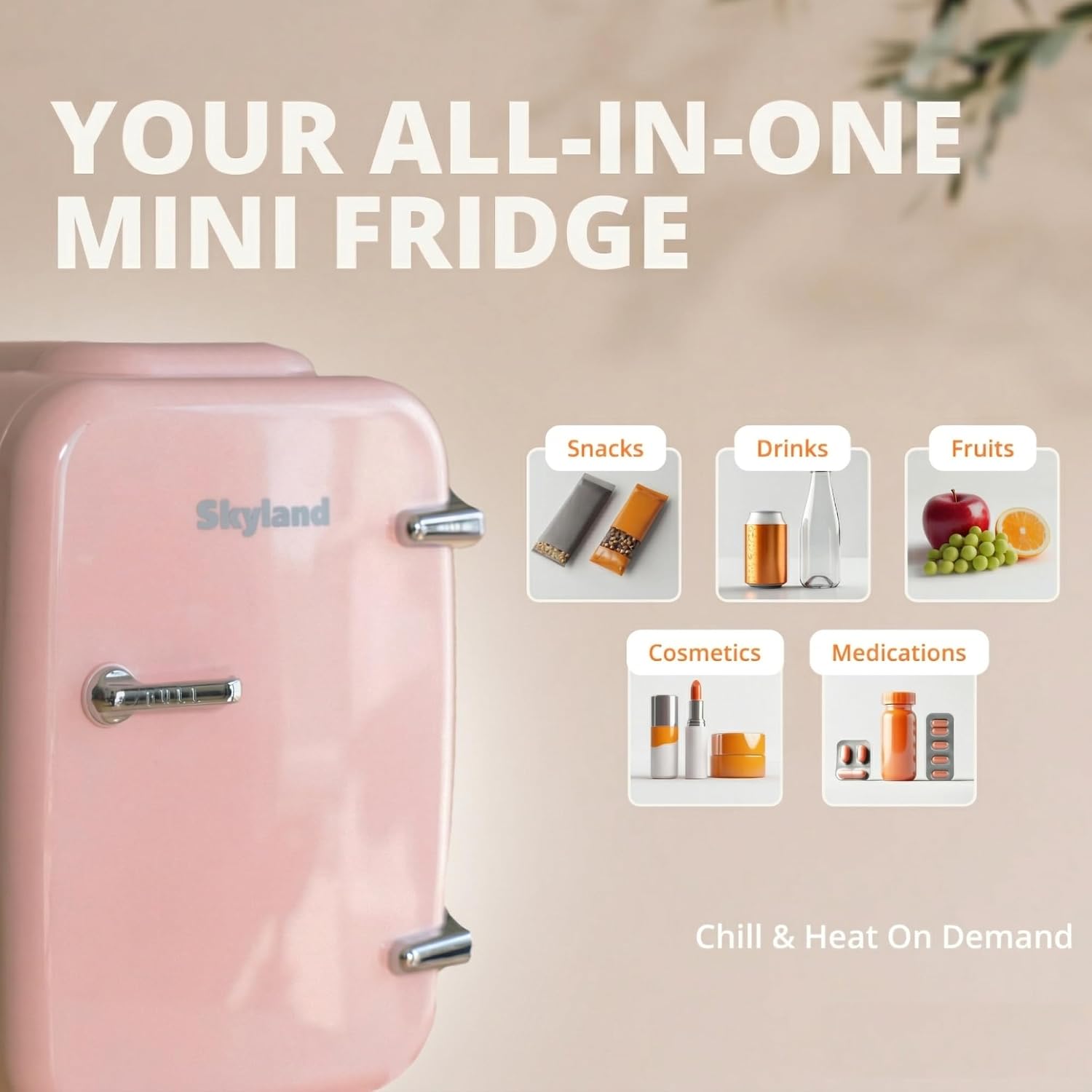 Skyland Mini Fridge 4L / 6 Can – Portable Cooler & Warmer for Skincare, Cosmetics, Food & Drinks – Quiet, Energy Efficient Personal Beauty Fridge for Home, Office, Car & Travel (Pink)