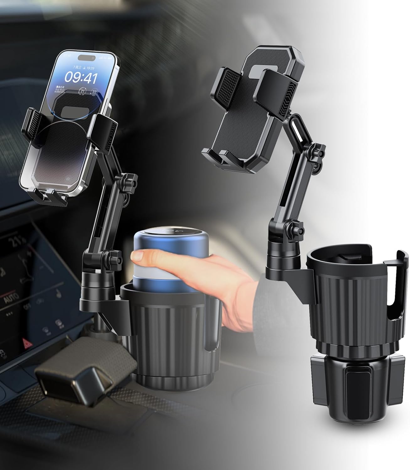 Car Cup Holder Phone Mount, 2-in-1 Universal Stand with Cup Holder Expander, 360° Rotation, Black, ABS Plastic, compatible with iPhone and Android