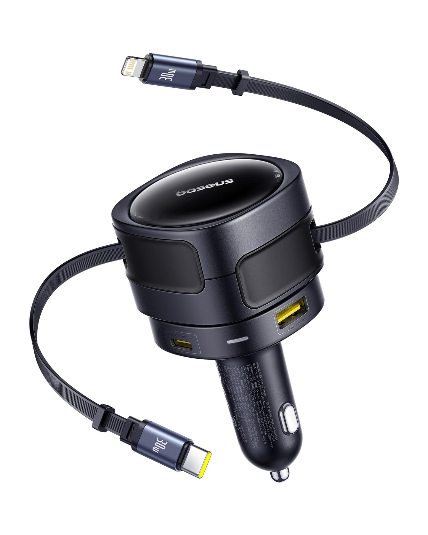 باسيوس 【منفذ واحد - كيبل ملفوف نوع C + 30 واط من النوع C】شاحن سيارة USB-C فائق السرعة بي دي وكيو سي 3.0 لايفون 15 وسامسونج وسلسلة وايباد وماك بوك اير والمزيد