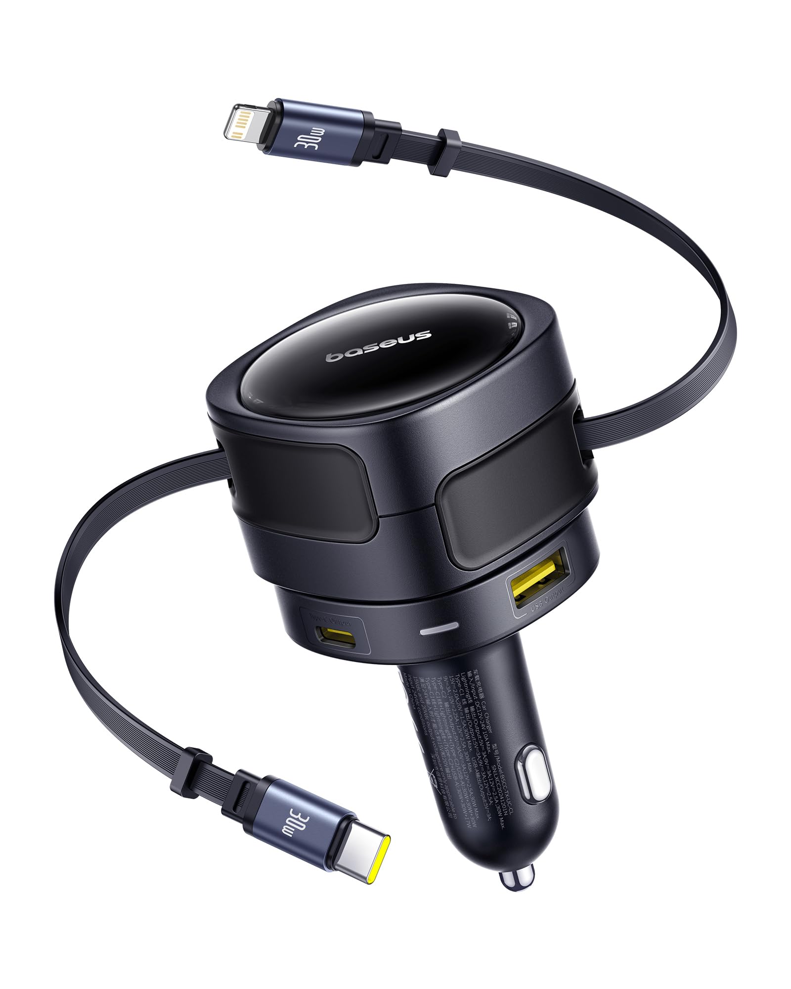 باسيوس 【منفذ واحد - كيبل ملفوف نوع C + 30 واط من النوع C】شاحن سيارة USB-C فائق السرعة بي دي وكيو سي 3.0 لايفون 15 وسامسونج وسلسلة وايباد وماك بوك اير والمزيد