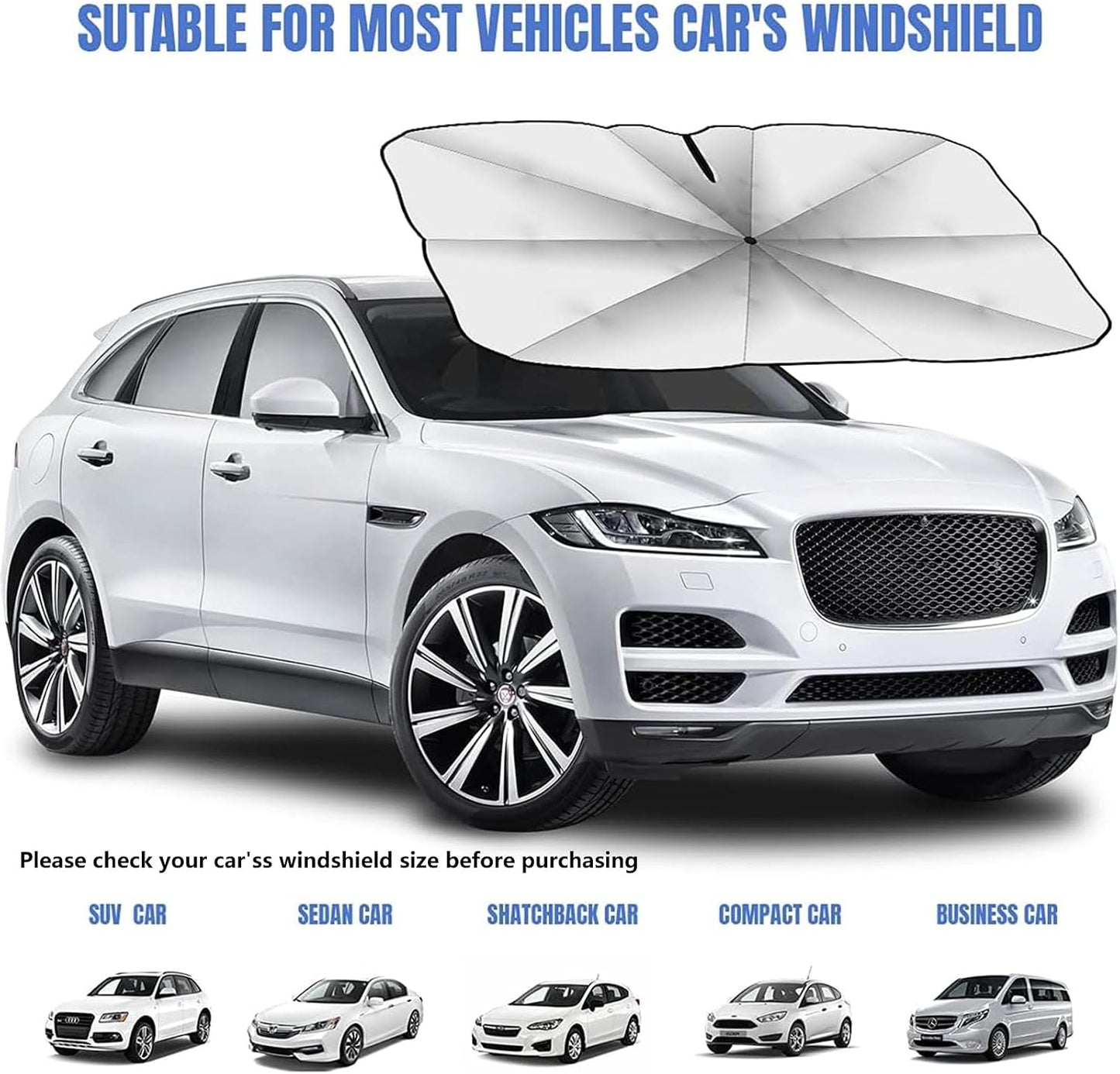 Car Windshield Sunshade Umbrella, 360° Bendable 10-Rib Fiberglass Frame Foldable Thickened Titanium Silver for Front Window Interior Sun Protection UV Resistant, for Medium Sedan SUV (140x80CM)