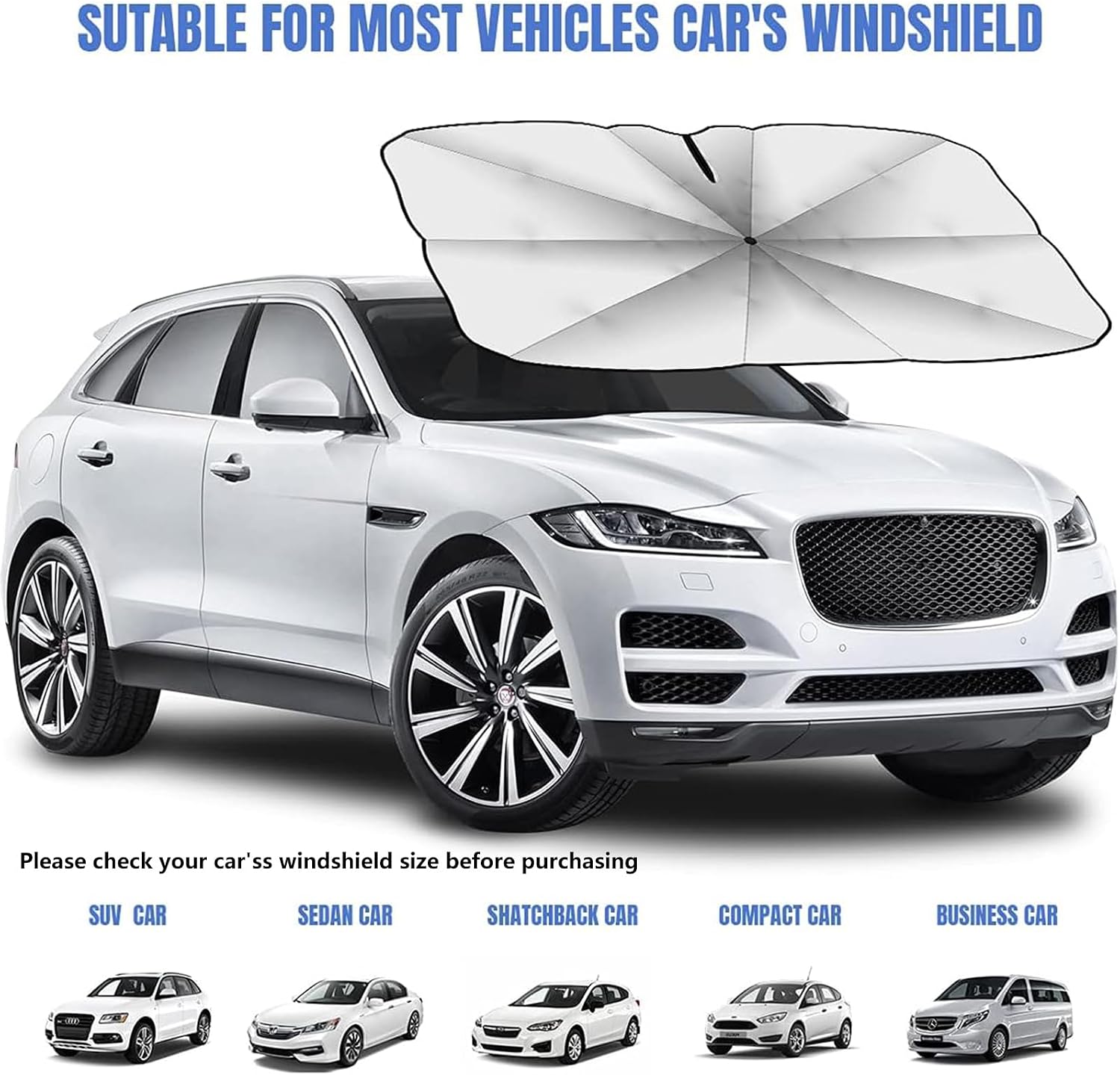 Car Windshield Sunshade Umbrella, 360° Bendable 10-Rib Fiberglass Frame Foldable Thickened Titanium Silver for Front Window Interior Sun Protection UV Resistant, for Medium Sedan SUV (140x80CM)