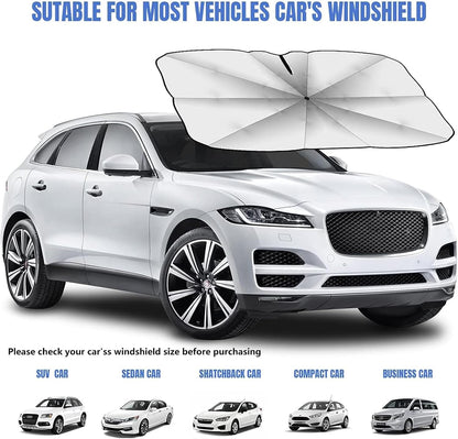Car Windshield Sunshade Umbrella, 360° Bendable 10-Rib Fiberglass Frame Foldable Thickened Titanium Silver for Front Window Interior Sun Protection UV Resistant, for Medium Sedan SUV (140x80CM)