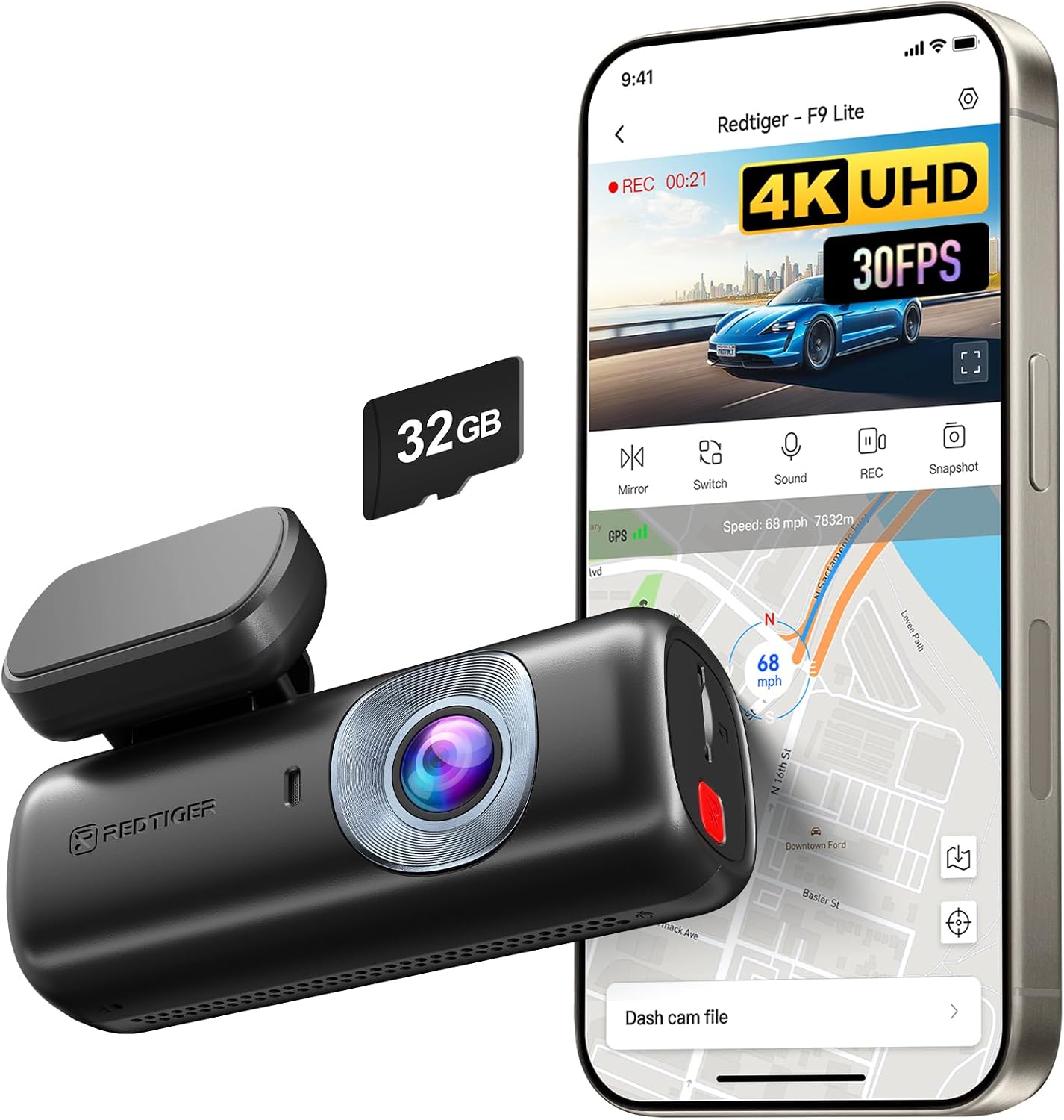 ريدتايجر كاميرا لوحة قيادة 4K للسيارات، تحكم من التطبيق، ADAS، بطاقة ذاكرة 32GB متضمنة، نظام تحديد المواقع والواي فاي مدمج، كاميرا لوحة قيادة صغيرة مع مقياس تسارع، رؤية ليلية، وضع وقوف السيارة لمدة 24