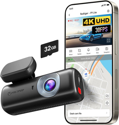 ريدتايجر كاميرا لوحة قيادة 4K للسيارات، تحكم من التطبيق، ADAS، بطاقة ذاكرة 32GB متضمنة، نظام تحديد المواقع والواي فاي مدمج، كاميرا لوحة قيادة صغيرة مع مقياس تسارع، رؤية ليلية، وضع وقوف السيارة لمدة 24
