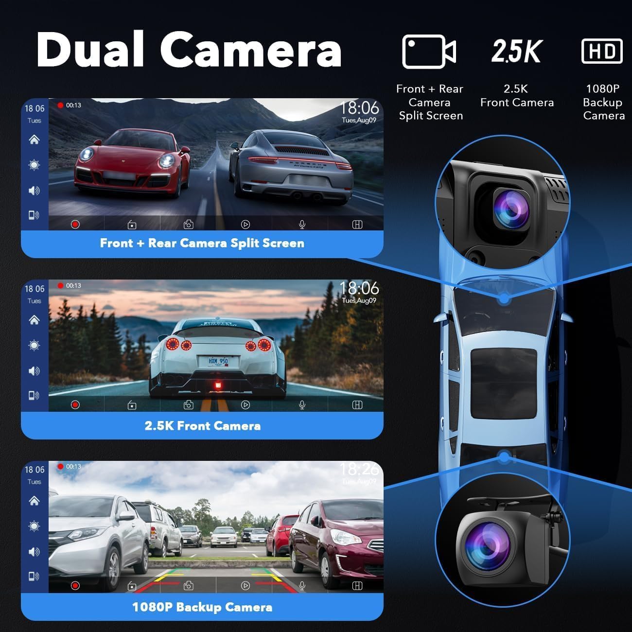 Wireless CarPlay Screen for Car with 2.5K Dash Cam, 1080P Backup Camera, 9.26" Portable Car Stereo with Apple CarPlay, Android Auto, Mirror Link, Loop Recording, GPS Navigation, AUX/FM