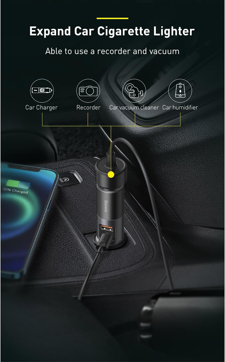 شاحن سيارة USB C 120 واط باسيوس متعدد USB شحن سريع كيو سي 3.0 وبي دي 3.0 30 واط + 30 واط + 60 واط 1 USB، 1 نوع سي ومنافذ توسيع ولاعة السجائر للهواتف الذكية/التابلت/سويتش