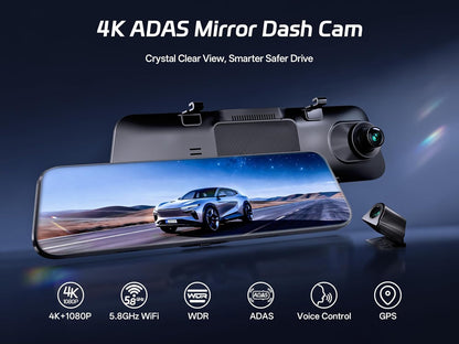 Pelsee P12 Pro 4K Mirror Dash Cam, 12'' Rear View Mirror Camera Smart Driving Assistant w/ADAS and BSD,2160P Front and Rear Camera,Voice Control,Night Vision,Parking Monitoring,32GB Memory Card