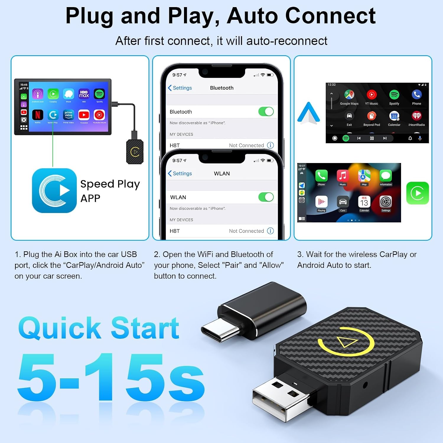 محول لاسلكي صغير من LBOYLOVE لنظام CarPlay ونظام Android Auto لأجهزة iPhone والأندرويد، توصيل تلقائي وتشغيل، بلوتوث 5.0 اتصال مستقر وسريع، يحول نظام CarPlay السلكي المثبت خصيصًا إلى محول CarPlay