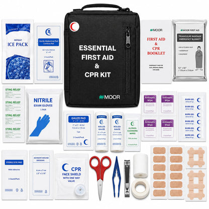 MOOR Essential First Aid & CPR Kit – Complete Emergency Survival Kit with Instant Ice Pack, Nitrile Gloves, CPR Face Shield, Gauze Pads, Bandages for Car, Home, Travel, Camping, Office