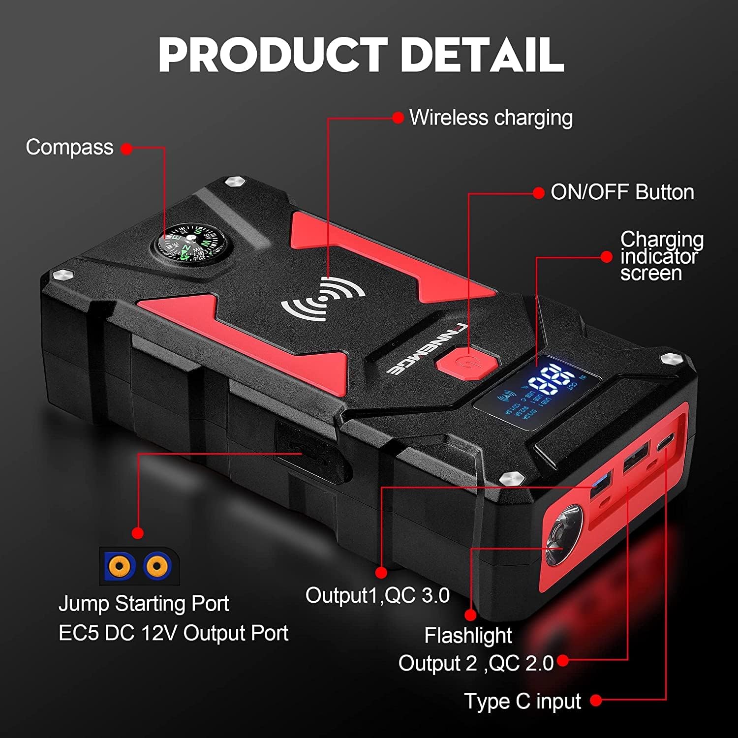 FNNEMGE Car Jump Starter, 6000A Peak 26800mAh Car Battery Starter(Up to All Gas, 10.0L Diesel Engine), with USB Quick Charge 3.0,LED Light, EC-5 Output. …