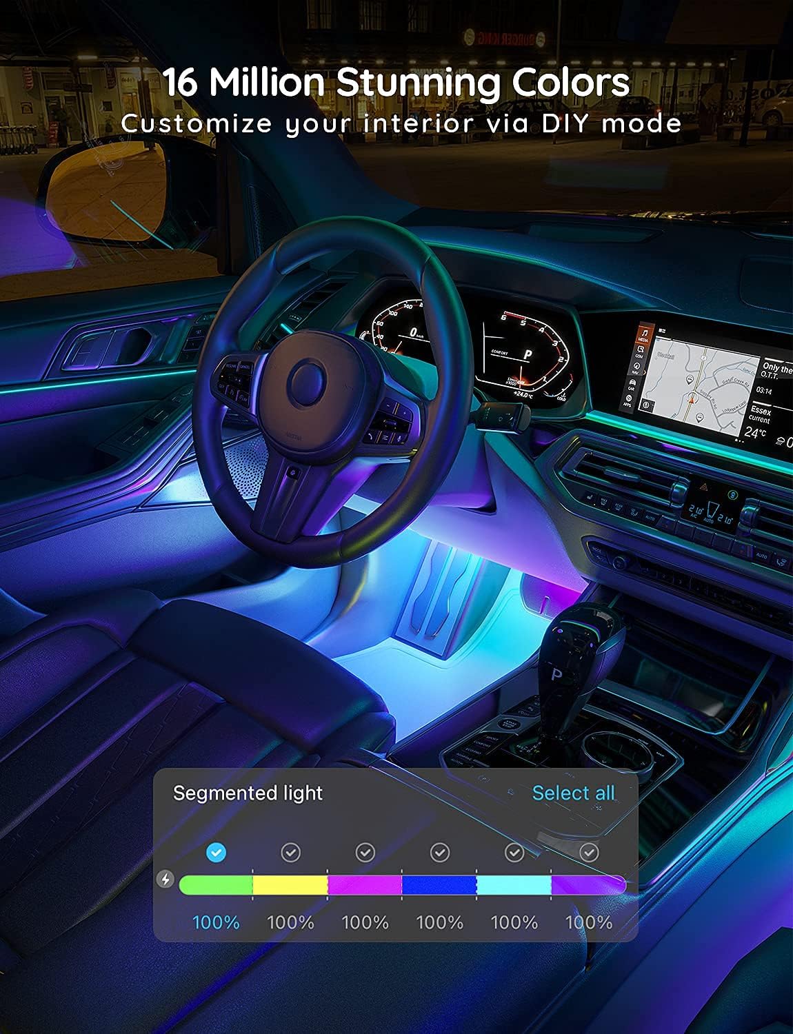 مصابيح LED للسيارة من جوفي، مصابيح داخلية ذكية RGBIC مع تحكم عبر التطبيق، 4 أوضاع للموسيقى، 30 خيارًا للمشاهد و16 مليون لون، تصميم بخطين من مصابيح LED لتزيين السيارة، تيار مستمر 12 فولت