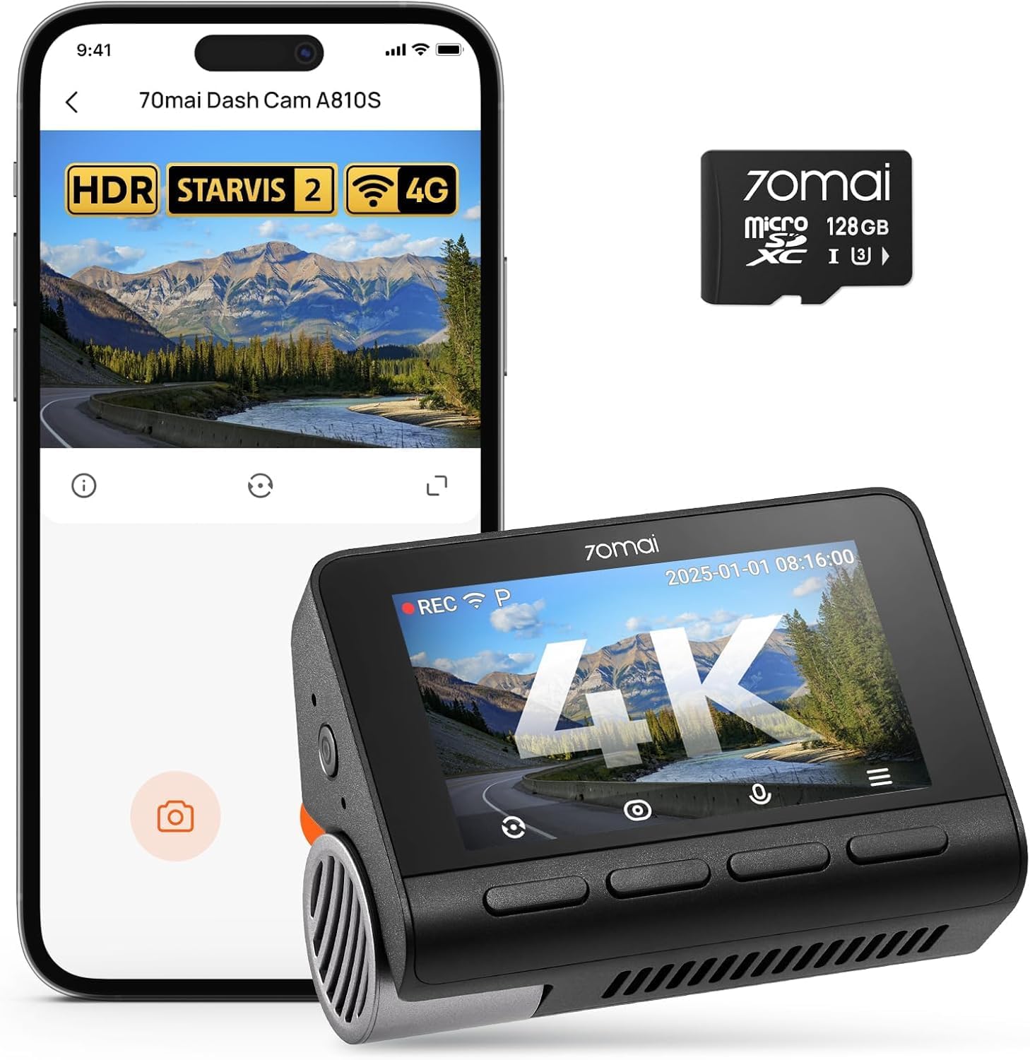70 ام ايه اي كاميرا امامية للسيارة 4K A810S مع رؤية ليلية ستارفيس 2 HDR، كاميرا سيارة مع بطاقة 128GB، مراقبة وقوف السيارات 24/7، مستشعر ذكاء اصطناعي، ADAS، تحكم عبر التطبيق، تحكم صوتي، زاوية واسعة 146