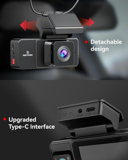 REDTIGER A3 3 Channel Dash Cam Front Rear, 1440P+1080P+1080P Dash Camera, Support Arabic language, Included 32GB Card, 24H Parking Mode, 3.18''Screen Car Camera, WiFi, IR Night Vision, Loop Recording