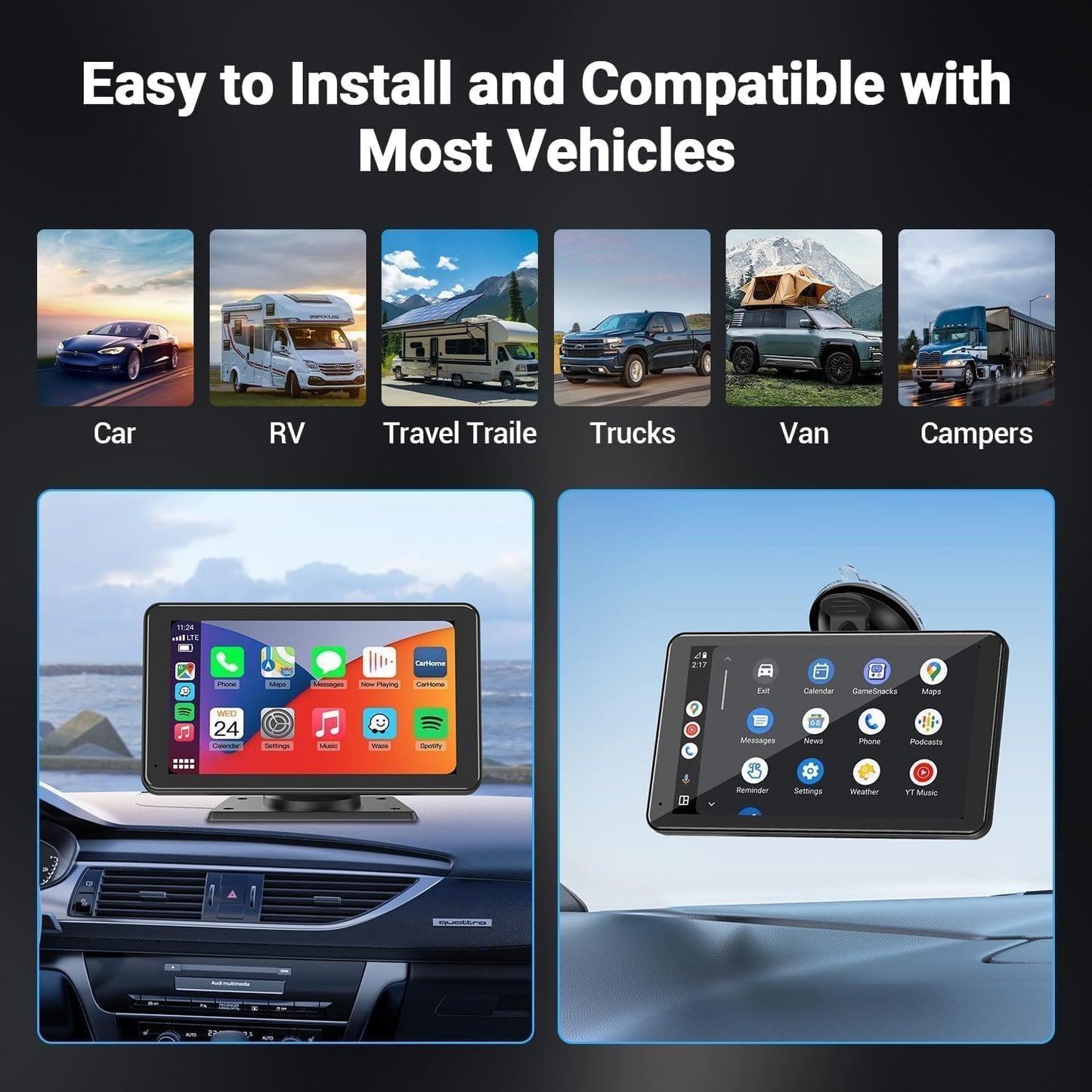 BuonaIdea Wireless Double Din Car Stereo Compatible with Apple Carplay and Android Car, 7 Inch HD Portable Bluetooth Carplay Touch Screen for Car,with Car Play Dash Mount and Backup Camera