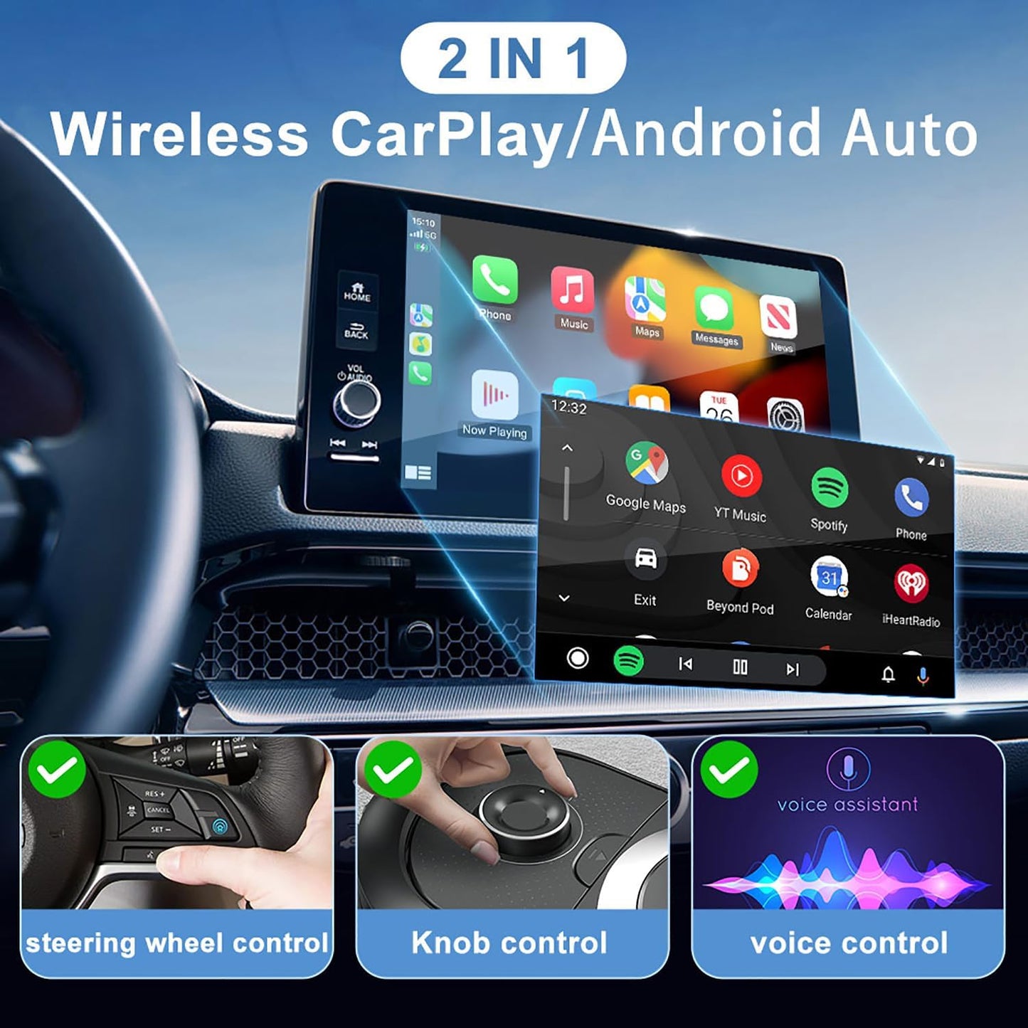 2-in-1 Wireless CarPlay/Android Adapter for Car, Plug & Play CarPlay USB Dongle, Mini CarPlay Adapter for iPhone, Convert Wired to Wireless Conversion with Fast Auto-Connect & Low Latency
