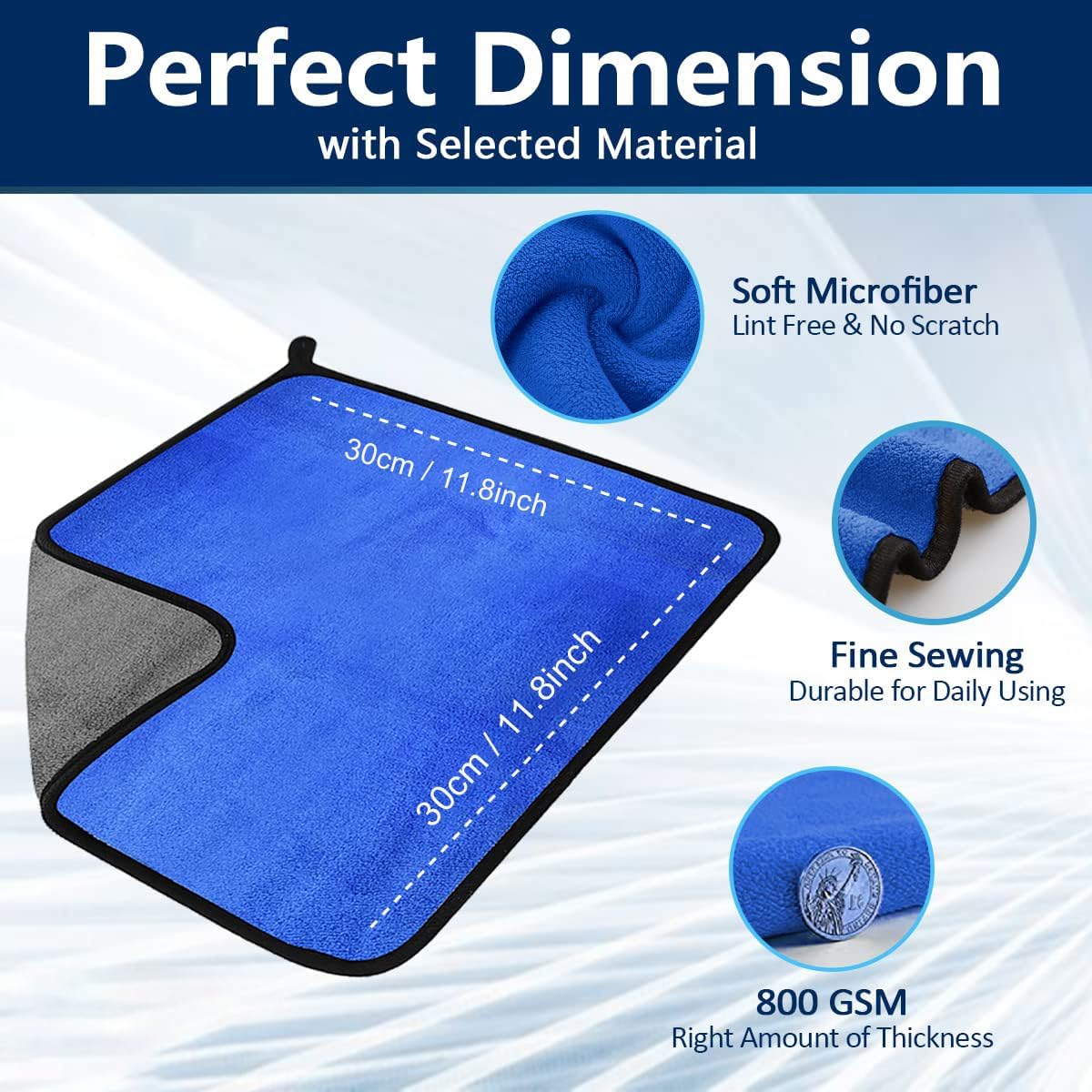Microfiber Towels for Cars Wash Drying Thick Plush Cleaning Cloth Auto Detailing Super Absorbent for Interior & Exterior Lint Free, Streak Free, 11.8" X 11.8", 800 GSM, Pack of 8